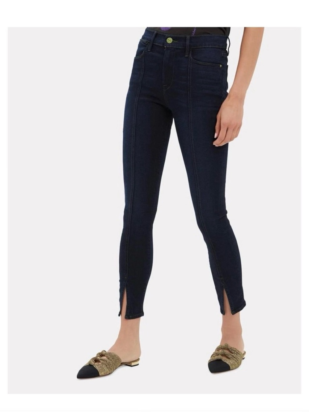 Frame Denim Dark Blue Skinny High-Rise Jeans with Front Seams & Ankle Slits